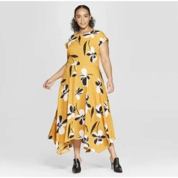 Who What Wear Dress Cap Sleeve Asymmetric Hem Midi Yellow Womens Large NWT - Picture 1 of 9